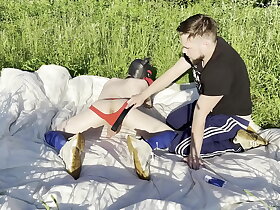 Leading lady fucks whelp in the air the forest